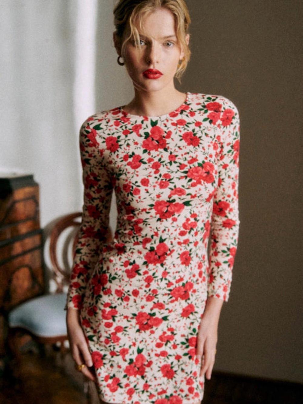 Sézane Divia Dress Cream Red Roses Floral Mini